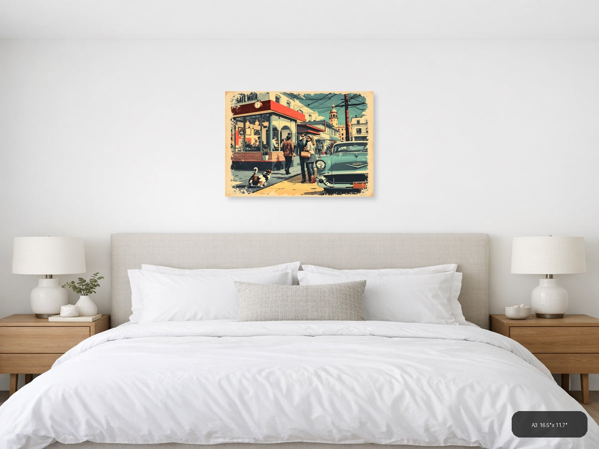 Vintage Café Street Scene with Retro Car Wall Art — A3 / Bedroom