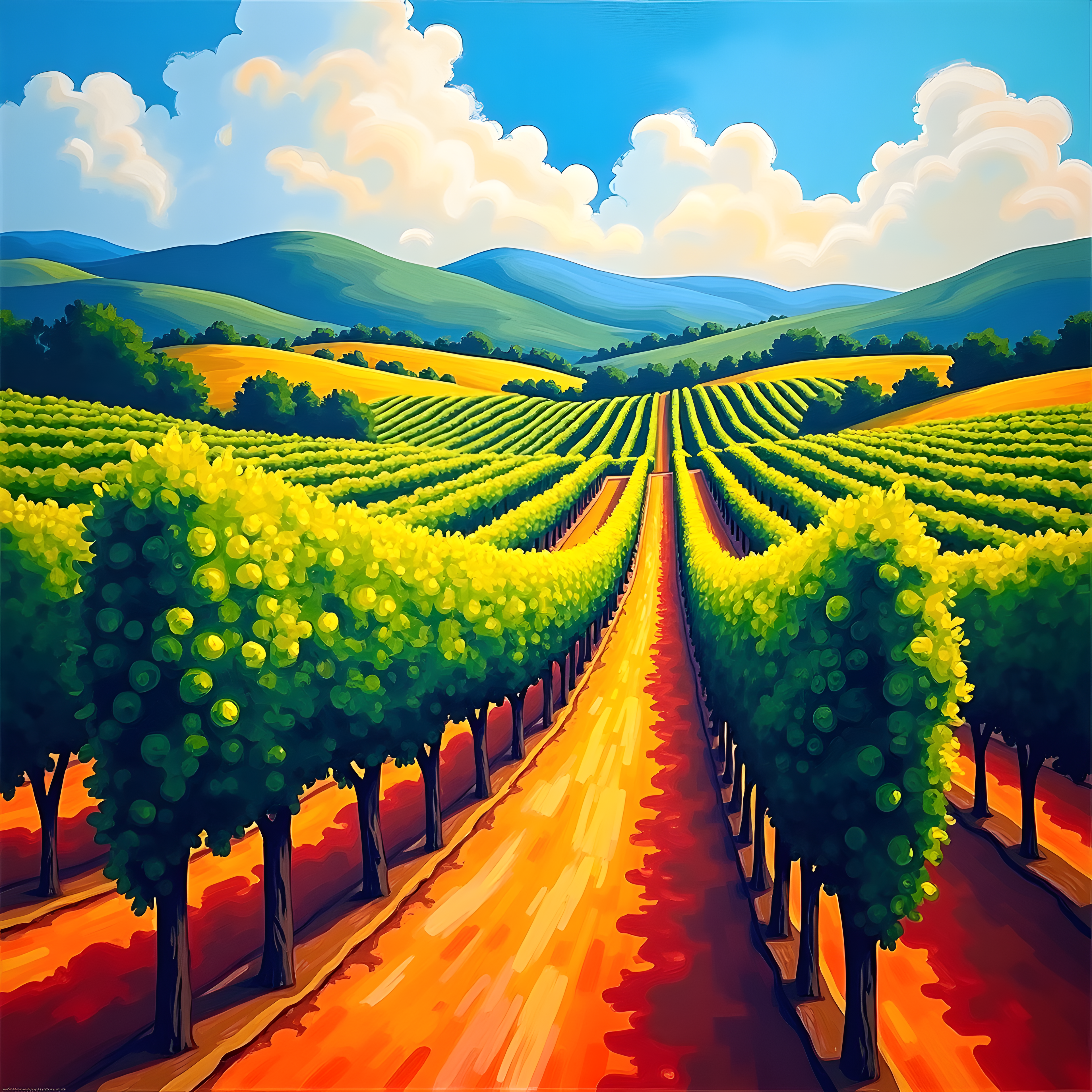 Vibrant Vineyard Rows Abstract Landscape Wall Art