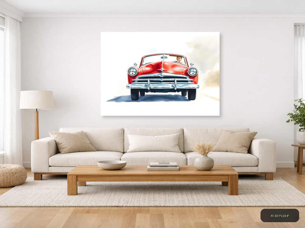 Red Classic Convertible Watercolor Wall Art — A1 / Living Room