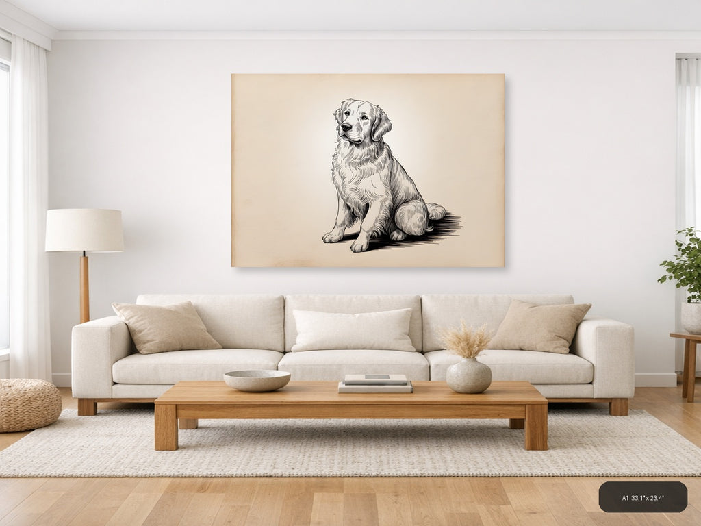 Golden Retriever Sitting Portrait Line Art Wall Art — A1 / Living Room