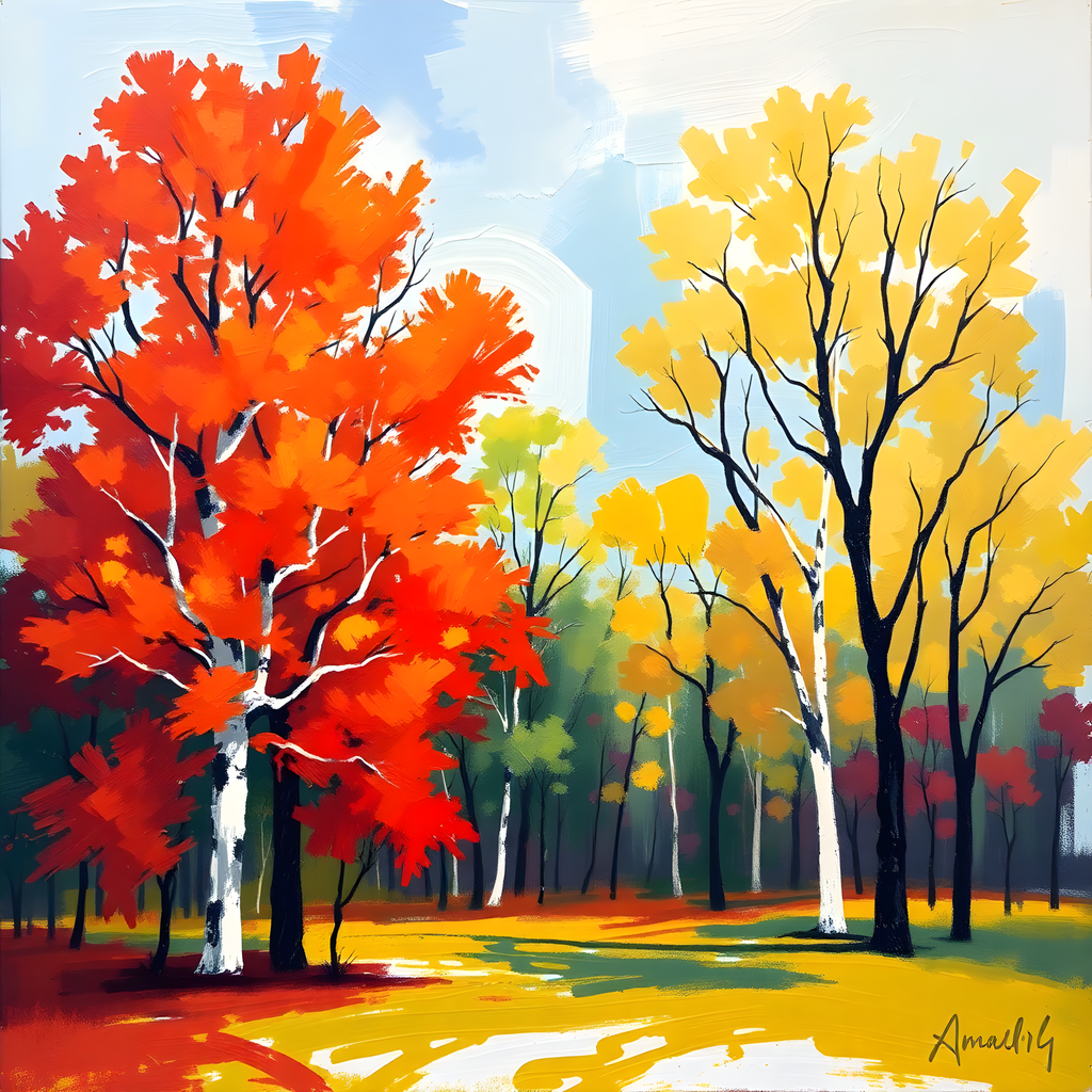 Abstract Autumn Forest with Red and Yellow Trees Wall Art