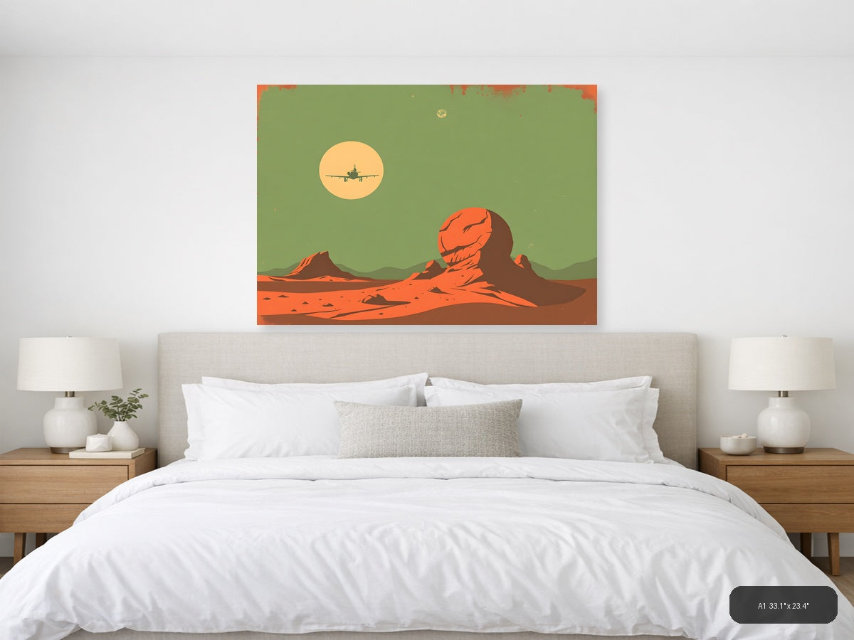 Vintage Mars Landscape Aircraft Silhouette Wall Art — A1 / Bedroom