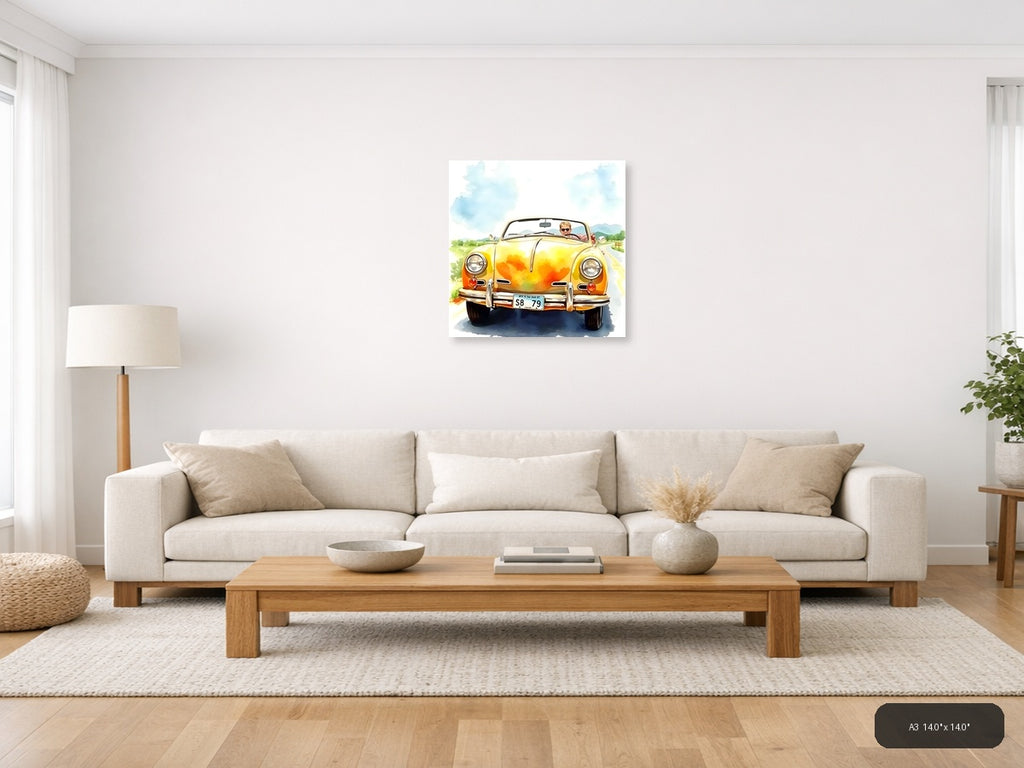 Yellow Convertible Car Watercolor Painting Wall Art — A3 / Living Room