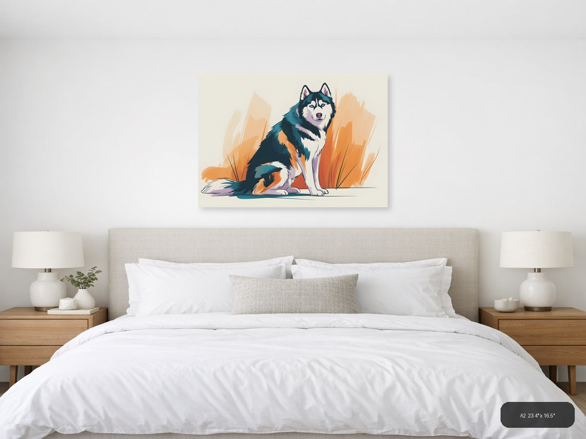 Abstract Husky Dog Portrait with Orange Brush Strokes Wall Art — A2 / Bedroom