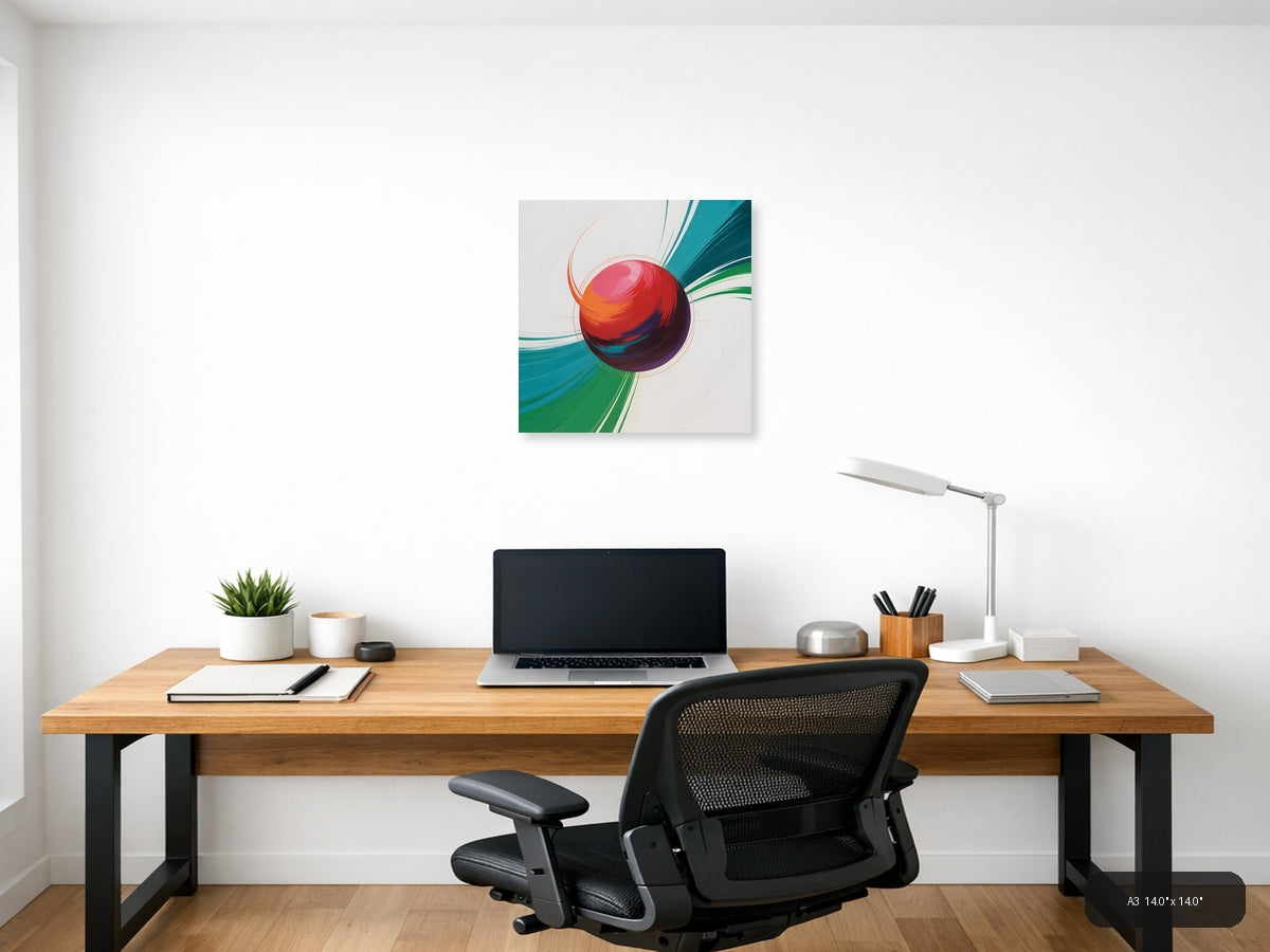 Red Sphere with Teal & Green Wave Abstract Wall Art — A3 / Office