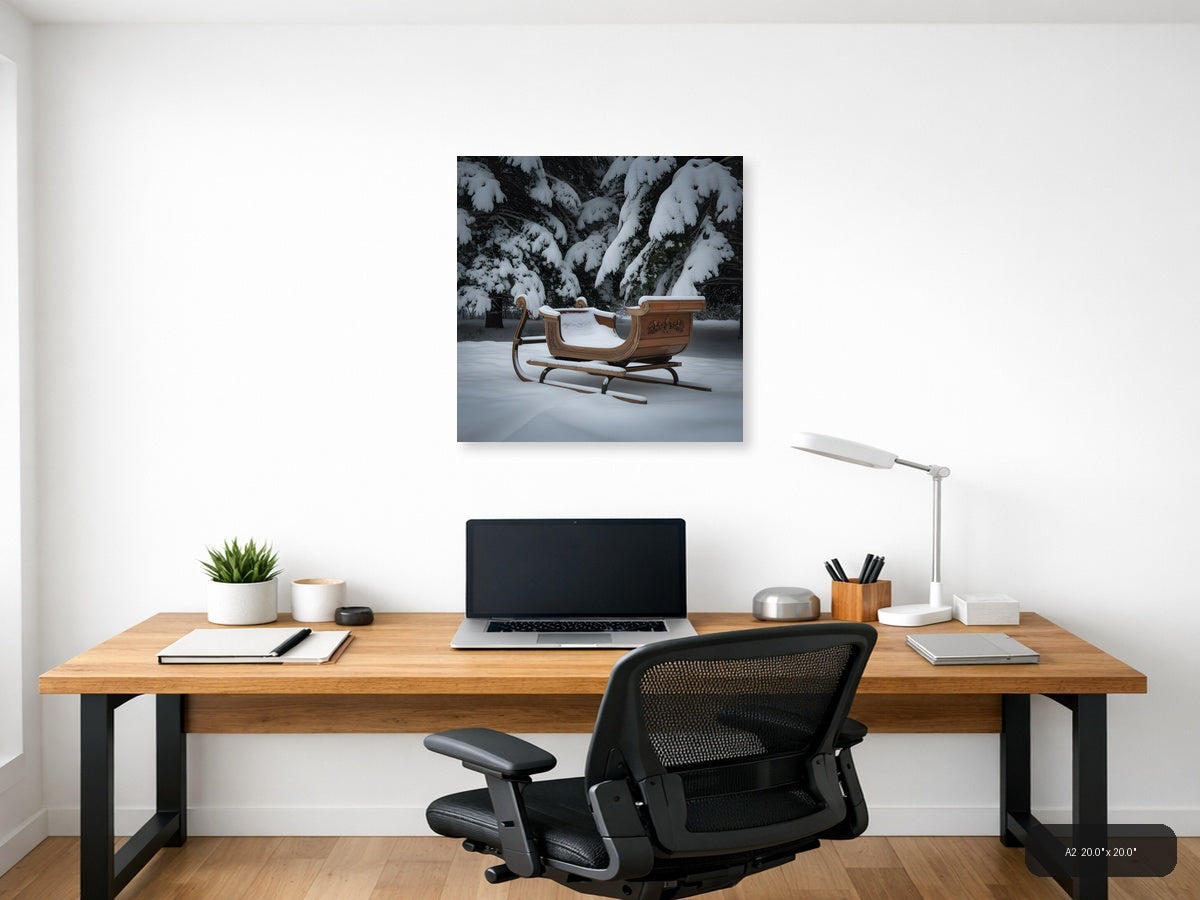 Ornate Wooden Sleigh in Winter Forest Snow Photography — A2 / Office