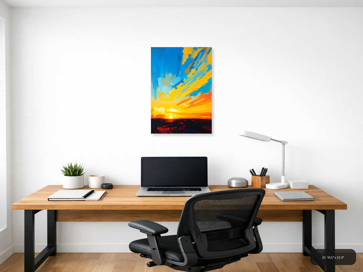 Abstract Sunrise Burst Blue Yellow Orange Wall Art — A2 / Office