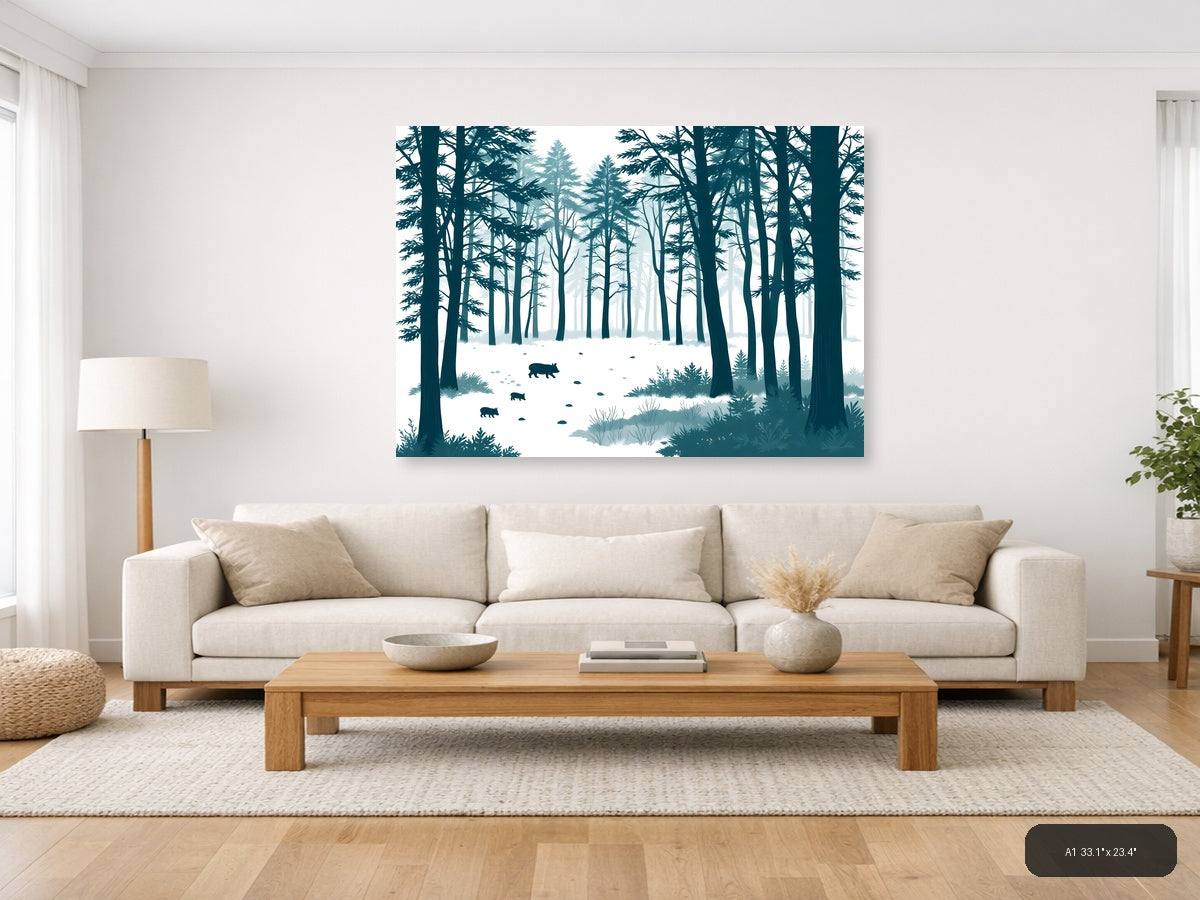 Minimalist Winter Forest with Wild Boars Wall Art — A1 / Living Room