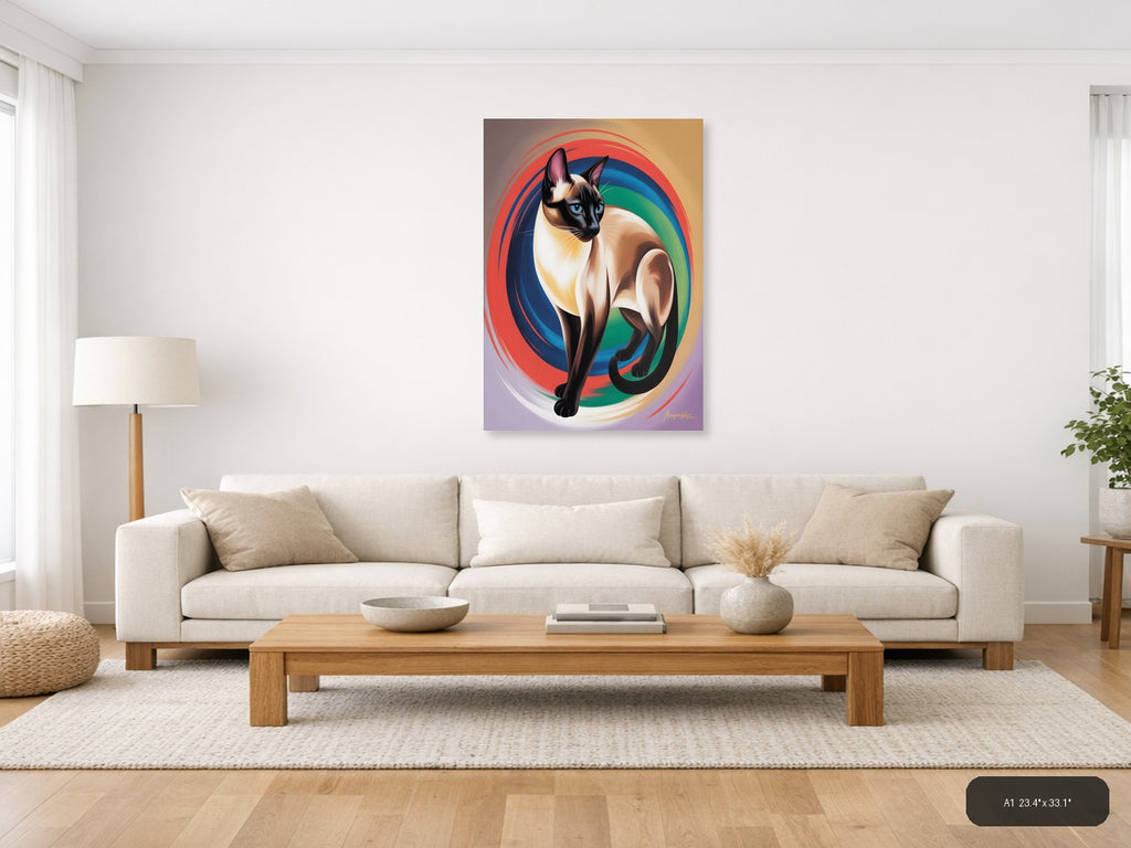 Siamese Cat Abstract Rainbow Swirl Portrait Wall Art — A1 / Living Room
