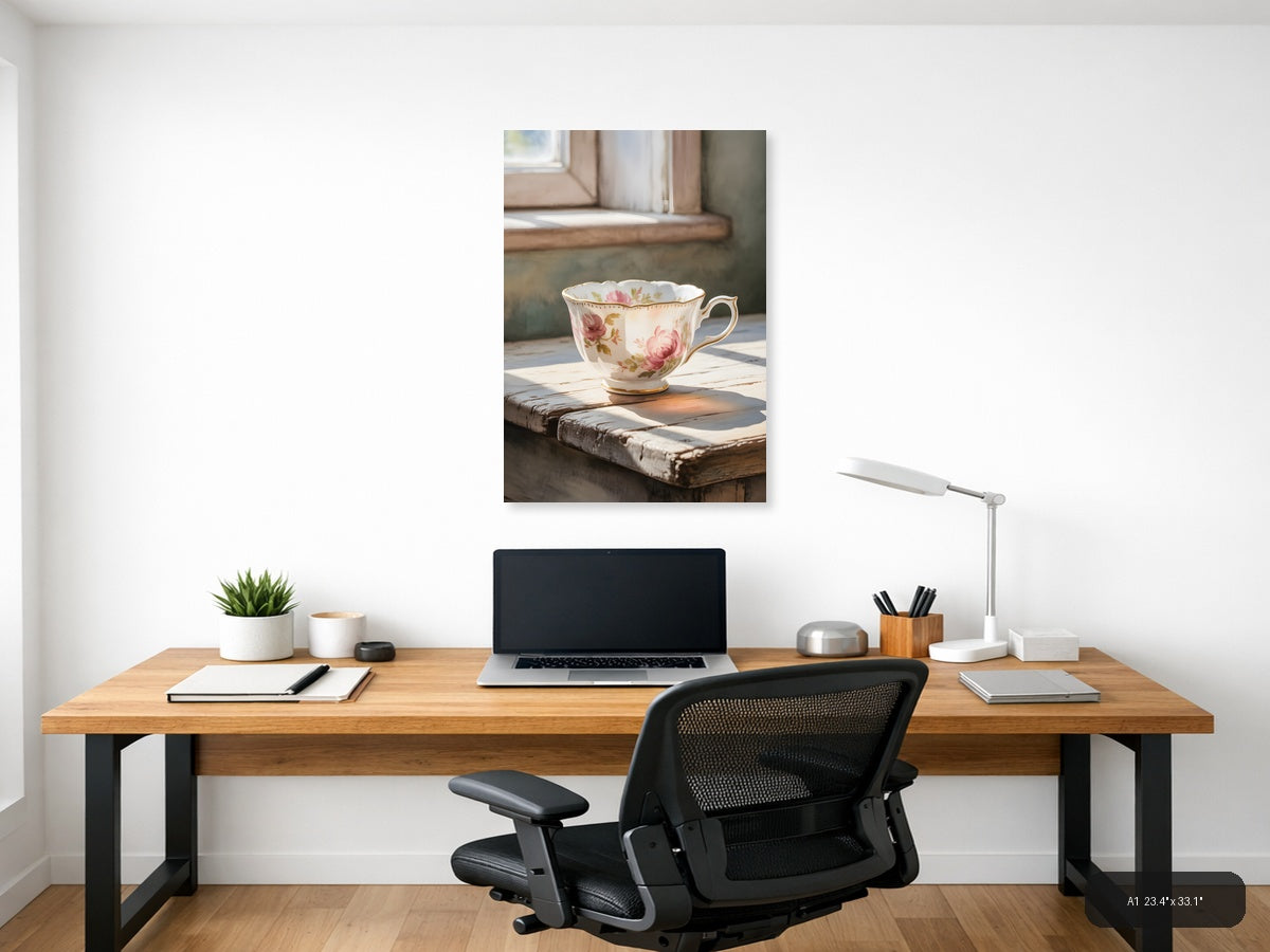 Vintage Floral Teacup Watercolor Wall Art — A1 / Office
