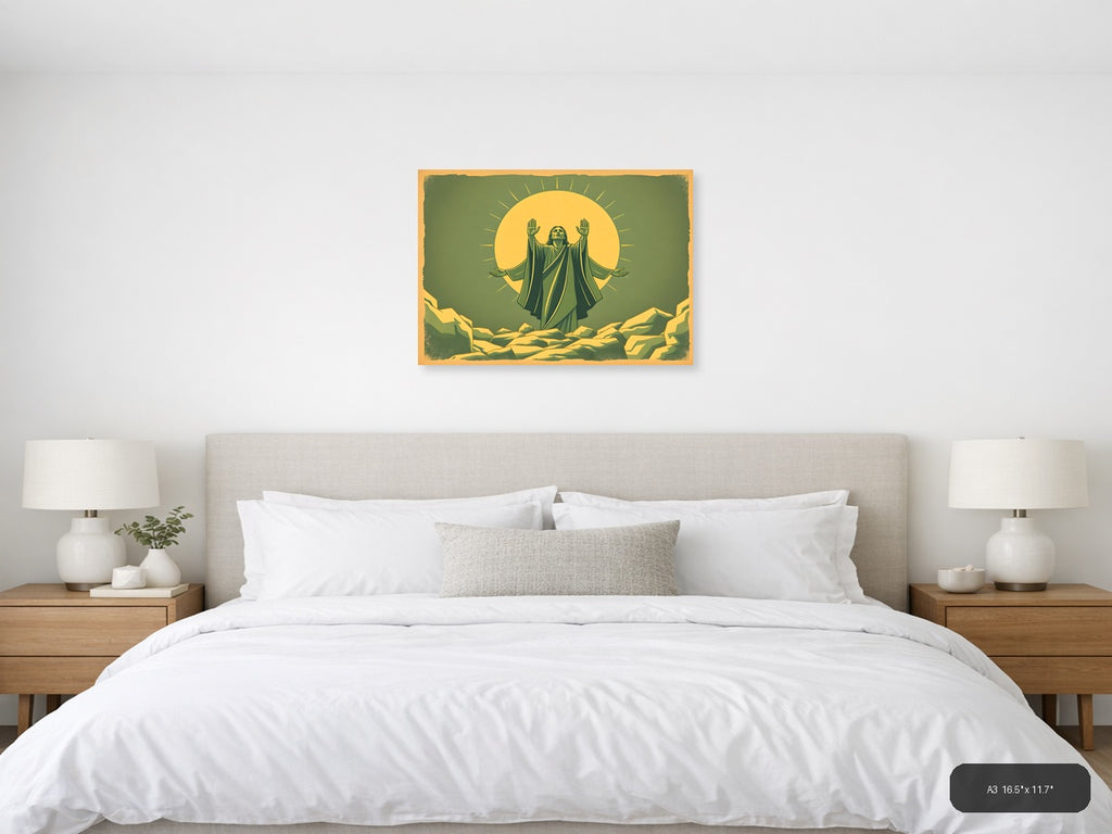 Vintage Spiritual Figure with Radiating Sun Halo Wall Art — A3 / Bedroom