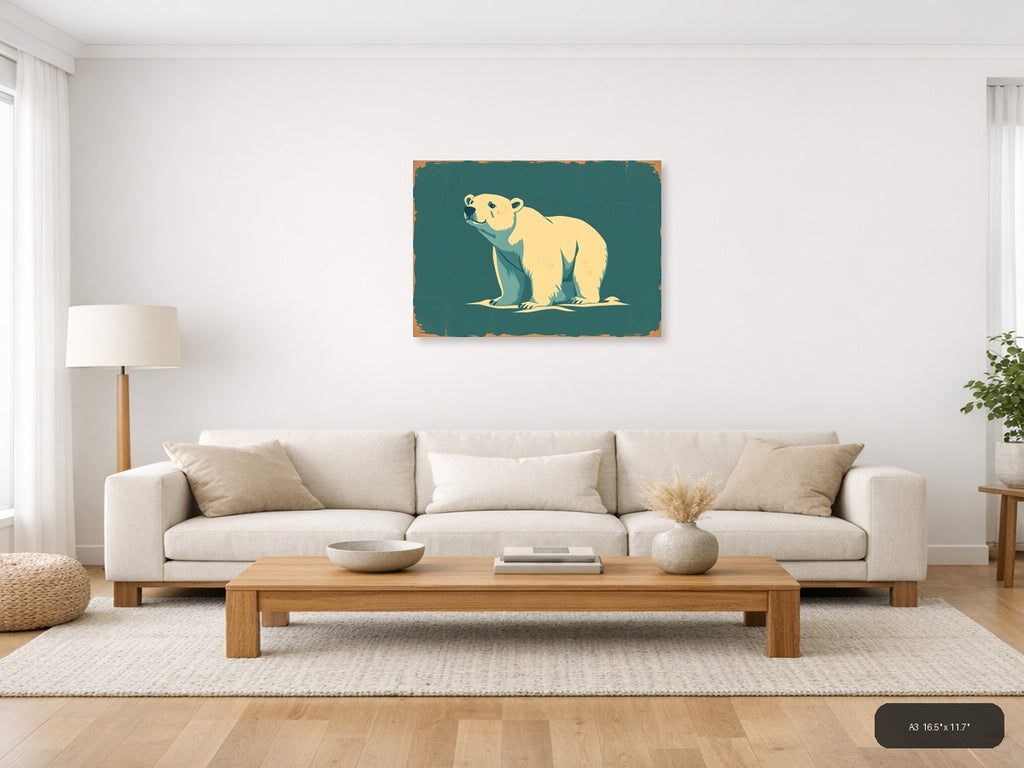 Vintage Polar Bear Illustration Teal Wall Art — A3 / Living Room