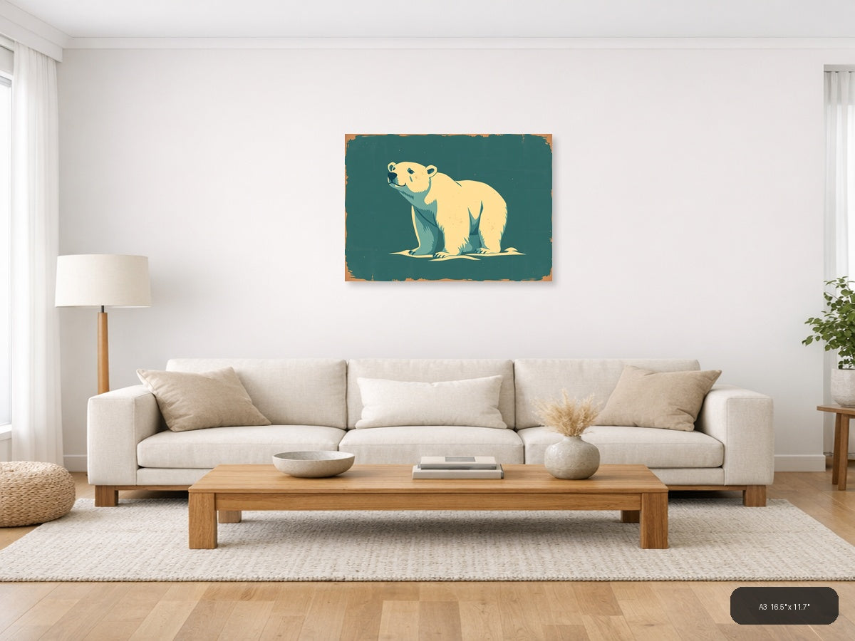Vintage Polar Bear Illustration Teal Wall Art — A3 / Living Room