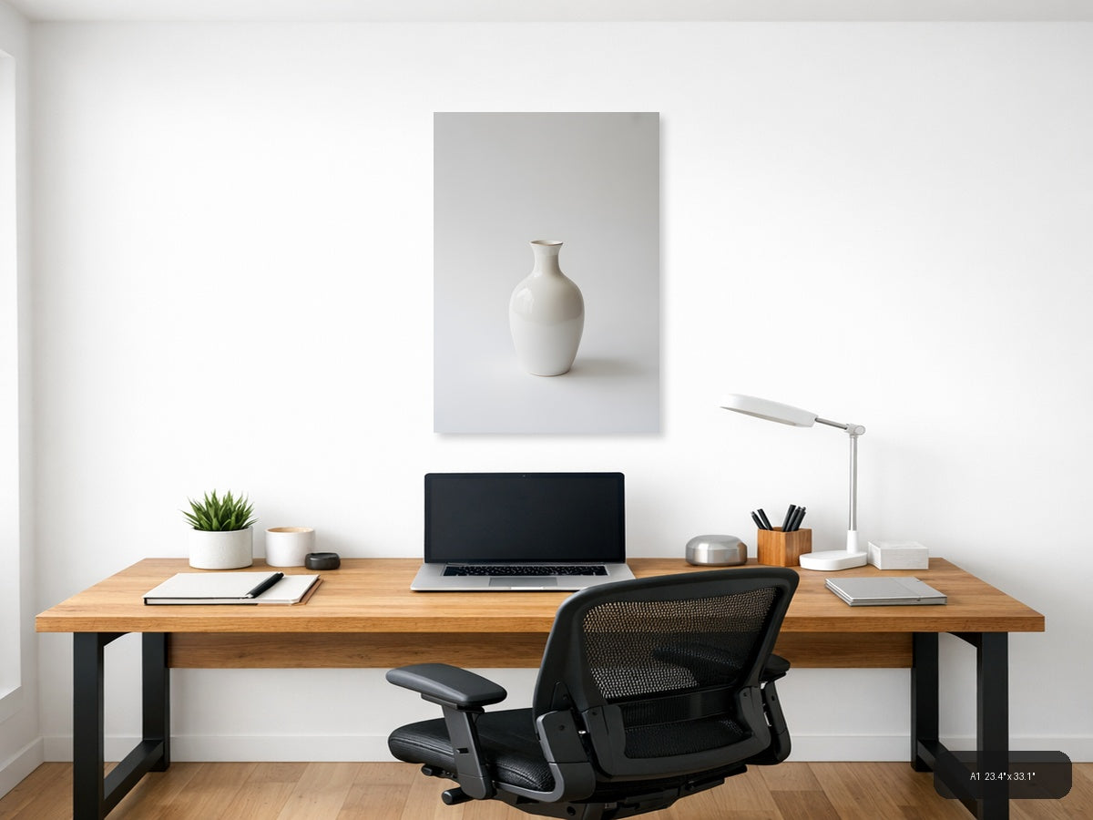Minimalist White Ceramic Vase on Gray Wall Art — A1 / Office