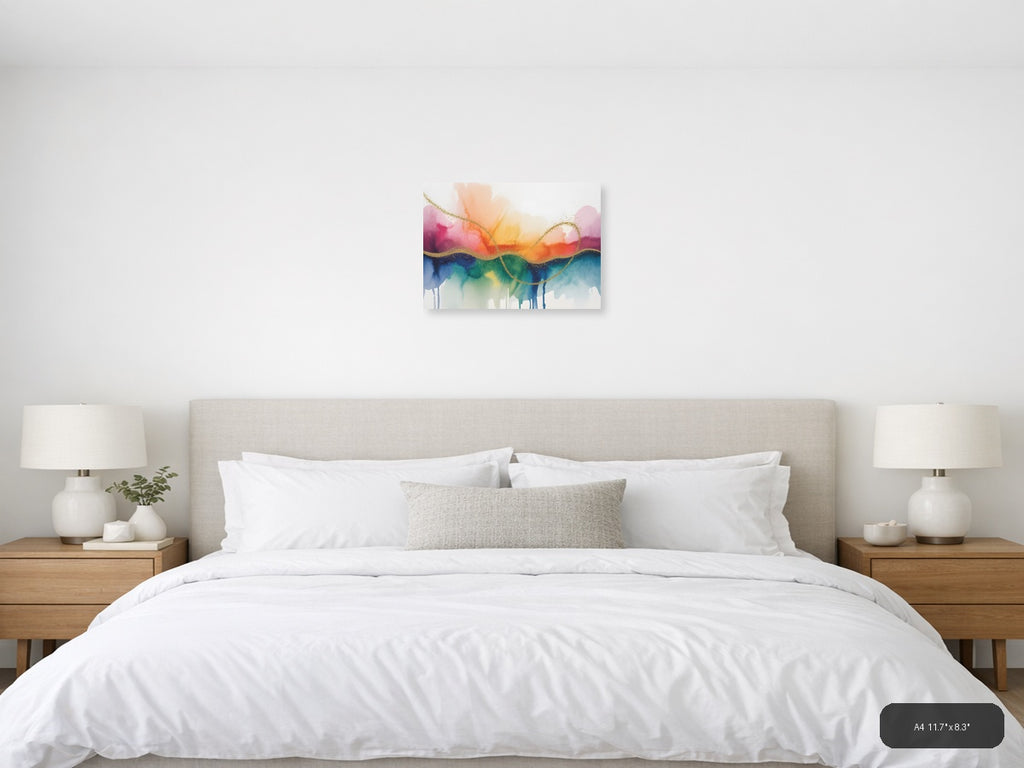 Rainbow Watercolor Landscape with Gold Wave Lines Wall Art — A4 / Bedroom