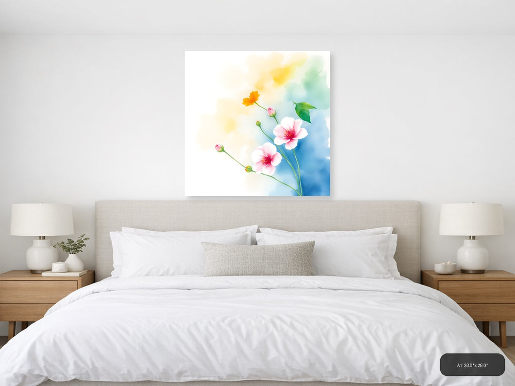 Watercolor Pink & Yellow Flowers on Blue Wall Art — A1 / Bedroom