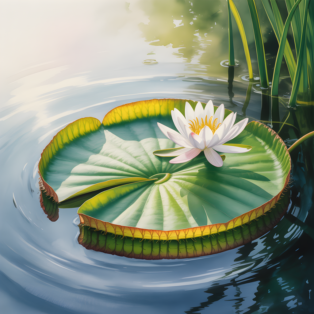White Water Lily on Giant Leaf Watercolor Wall Art
