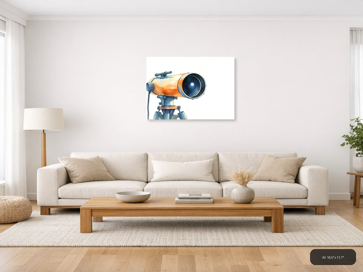 Vintage Telescope Watercolor Illustration Wall Art — A3 / Living Room