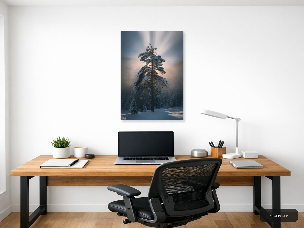Snow-Covered Pine Tree in Misty Forest Photography Wall Art — A1 / Office