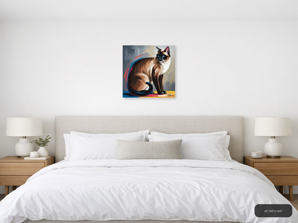 Siamese Cat Portrait Abstract Blue Eyes Wall Art — A3 / Bedroom
