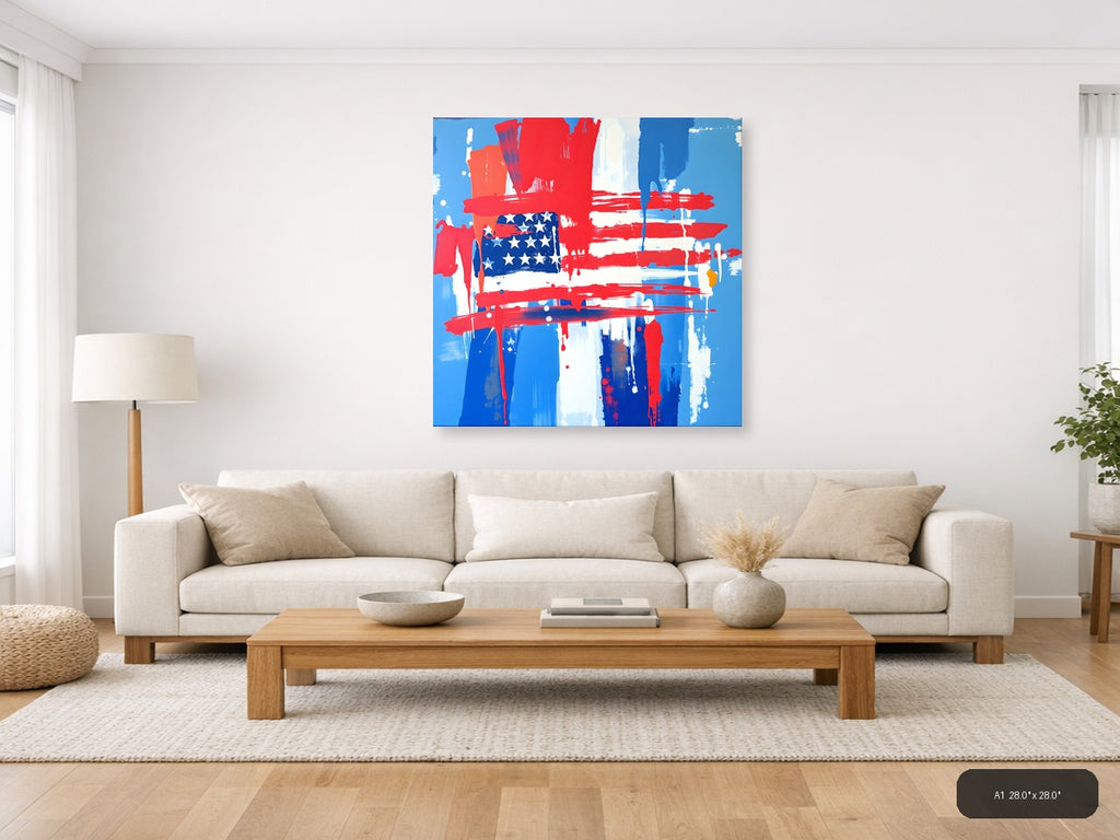 Abstract American Flag Drip Painting - Patriotic Wall Art — A1 / Living Room