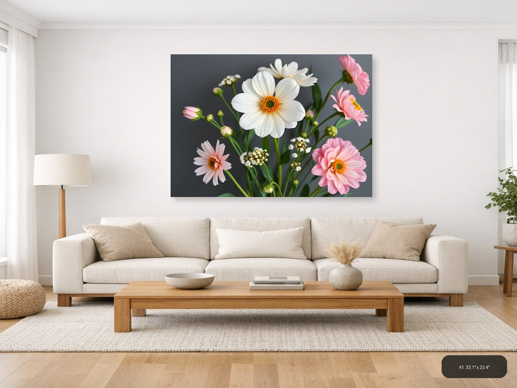 White Daisy & Pink Gerbera Minimalist Flower Wall Art — A1 / Living Room