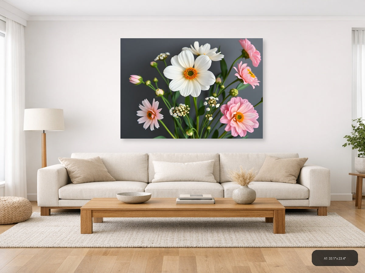 White Daisy & Pink Gerbera Minimalist Flower Wall Art — A1 / Living Room