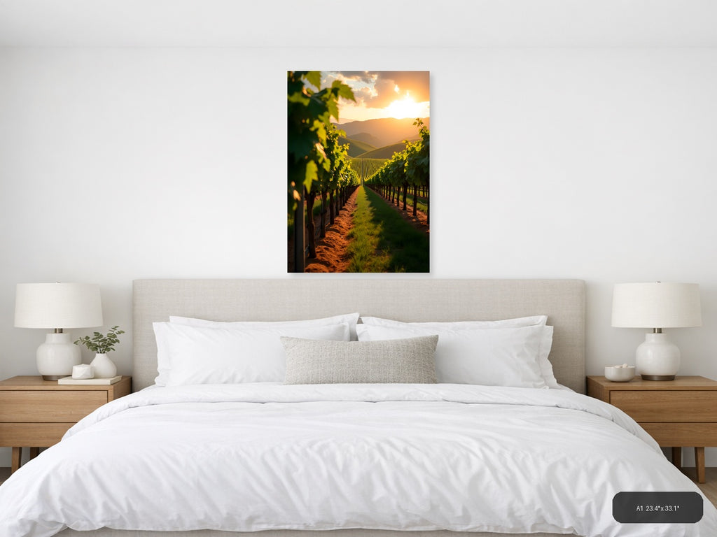 Golden Sunset Vineyard Rows Photography Wall Art — A1 / Bedroom