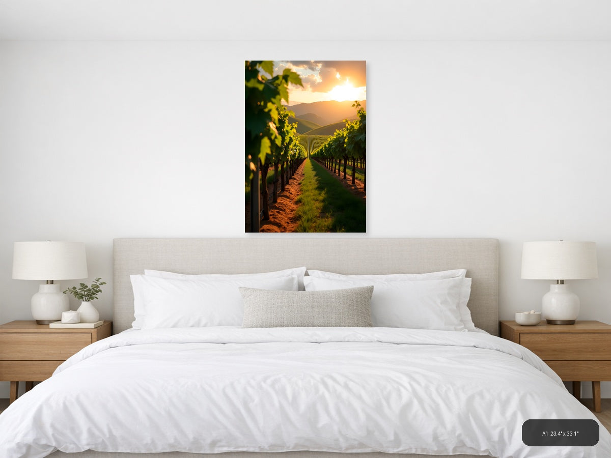 Golden Sunset Vineyard Rows Photography Wall Art — A1 / Bedroom