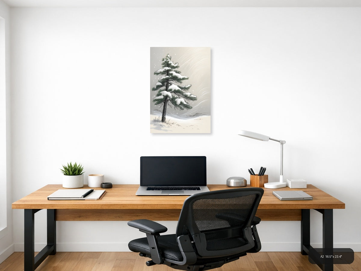 Snow-Covered Pine Tree Line Art Winter Wall Art — A2 / Office