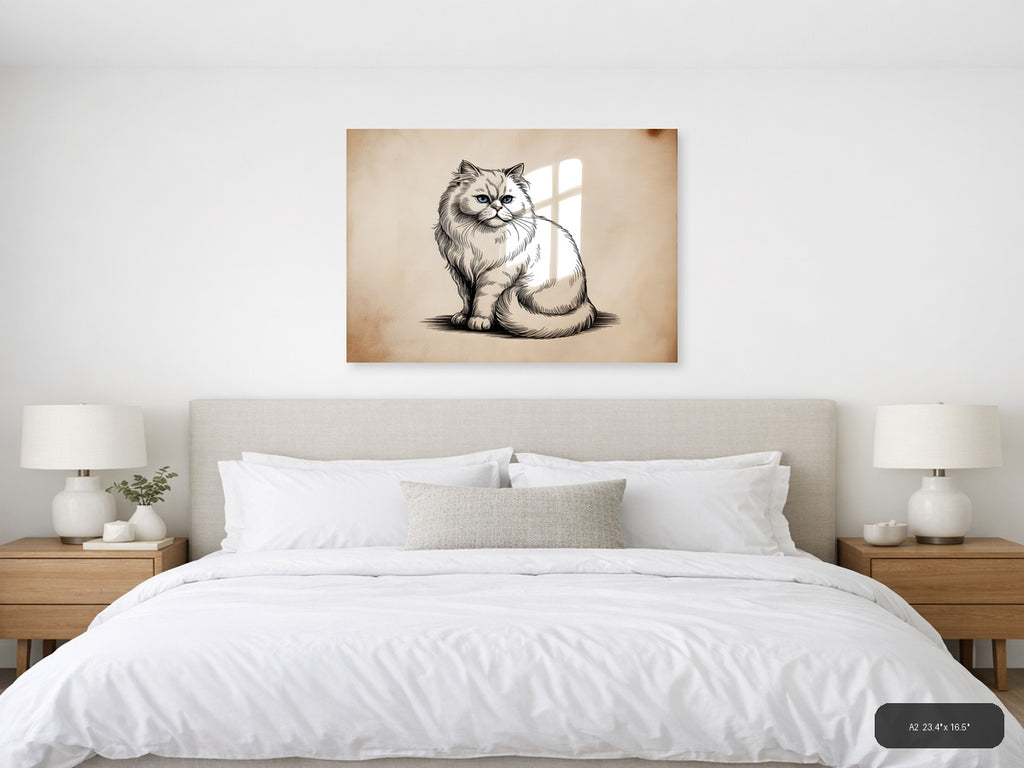 Fluffy Persian Cat Line Art Portrait Wall Art — A2 / Bedroom