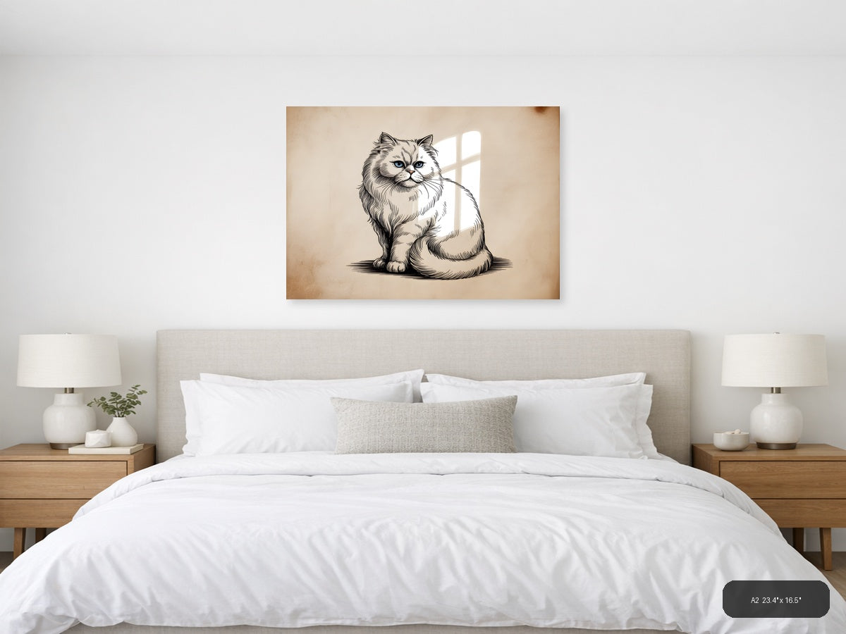 Fluffy Persian Cat Line Art Portrait Wall Art — A2 / Bedroom