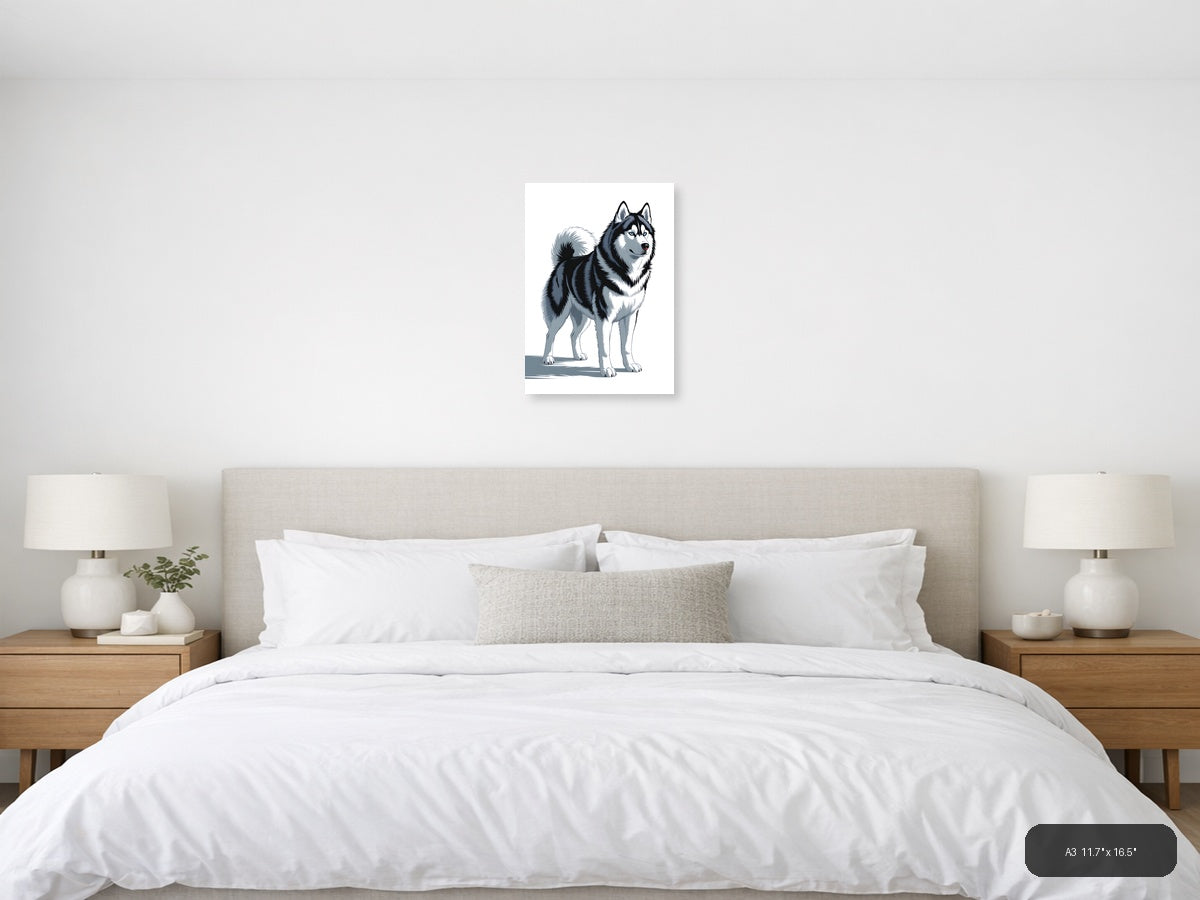 Husky Portrait Black White Minimalist Wall Art — A3 / Bedroom
