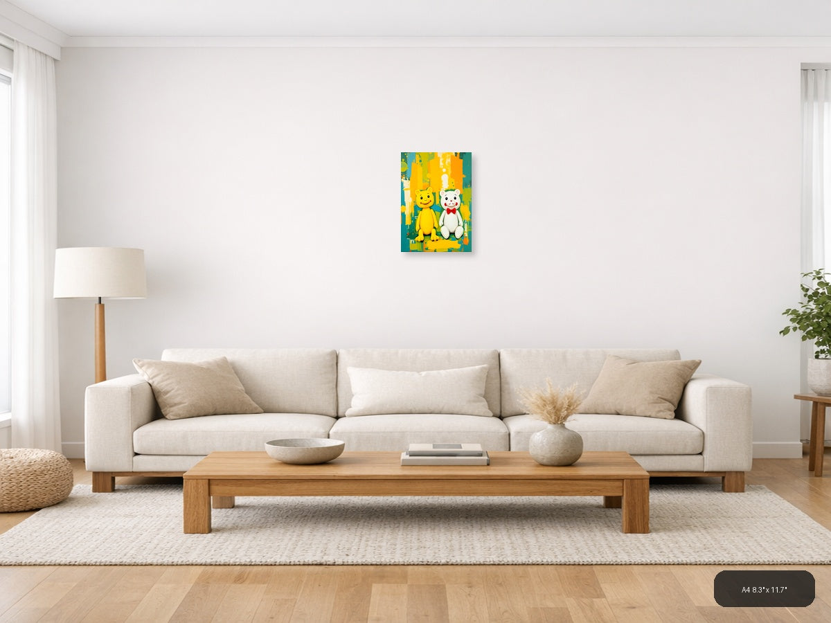 Two Happy Bears Abstract Colorful Portrait Wall Art — A4 / Living Room