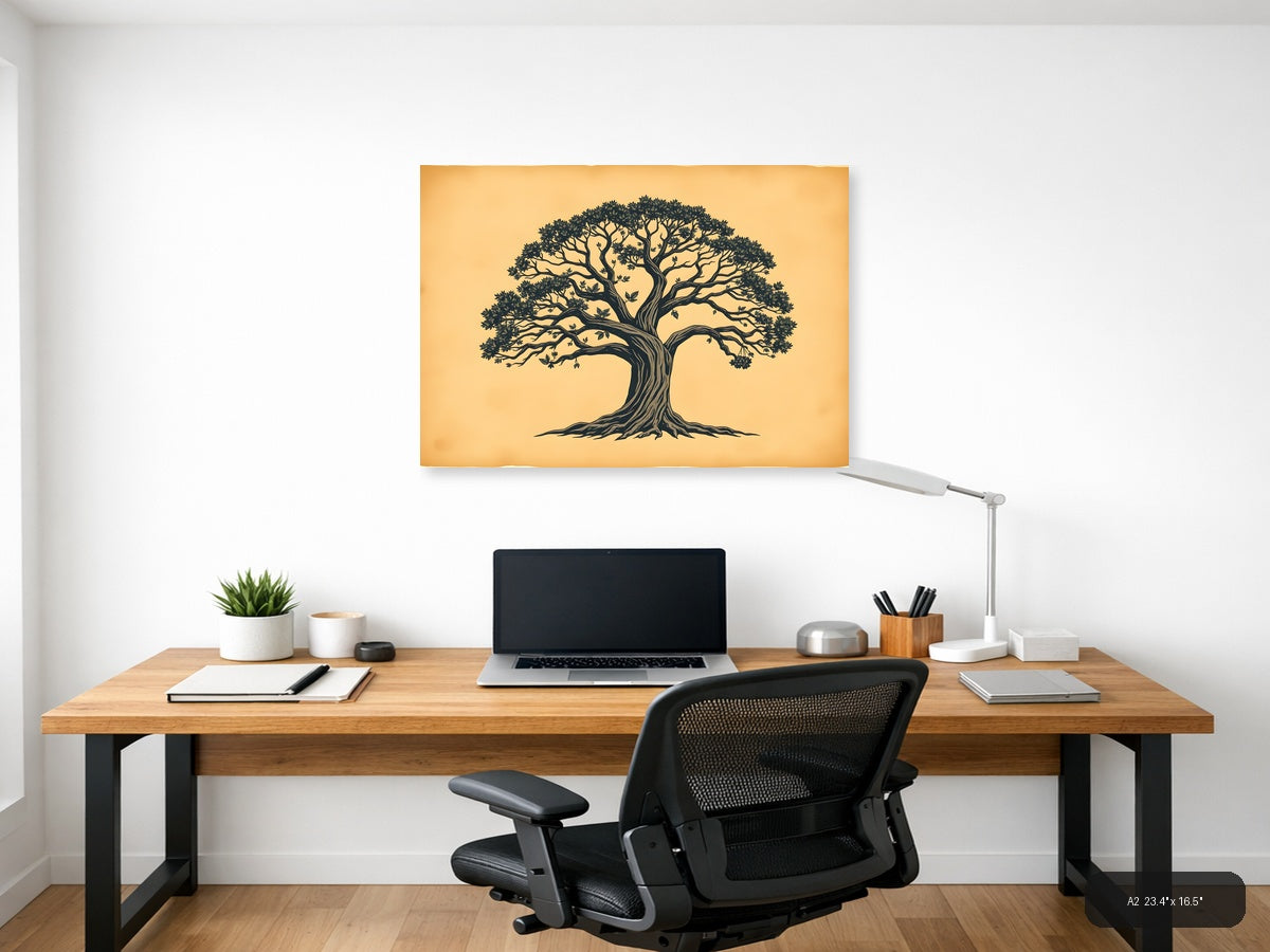 Vintage Majestic Tree Silhouette Landscape Wall Art — A2 / Office