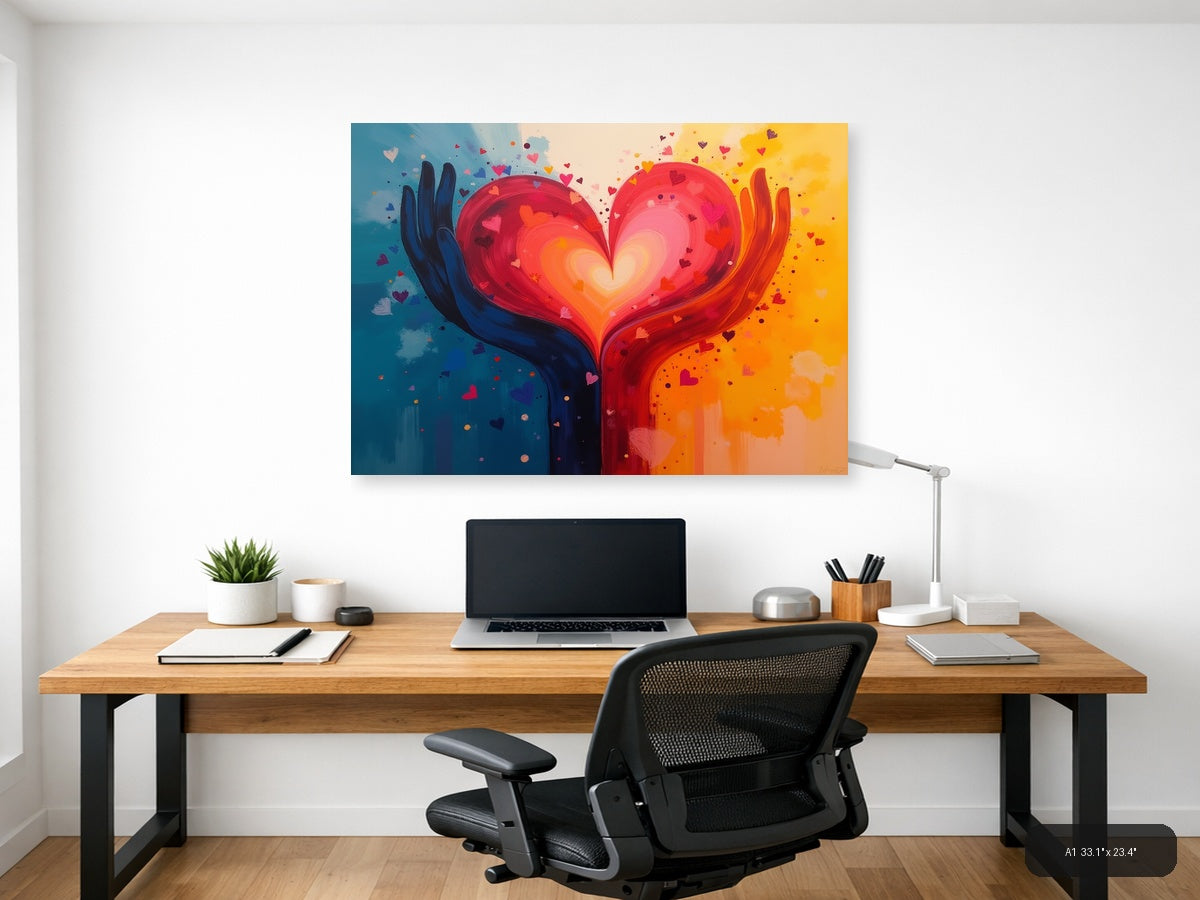 Glowing Heart in Hands Abstract Rainbow Canvas Print Wall Art — A1 (Office)