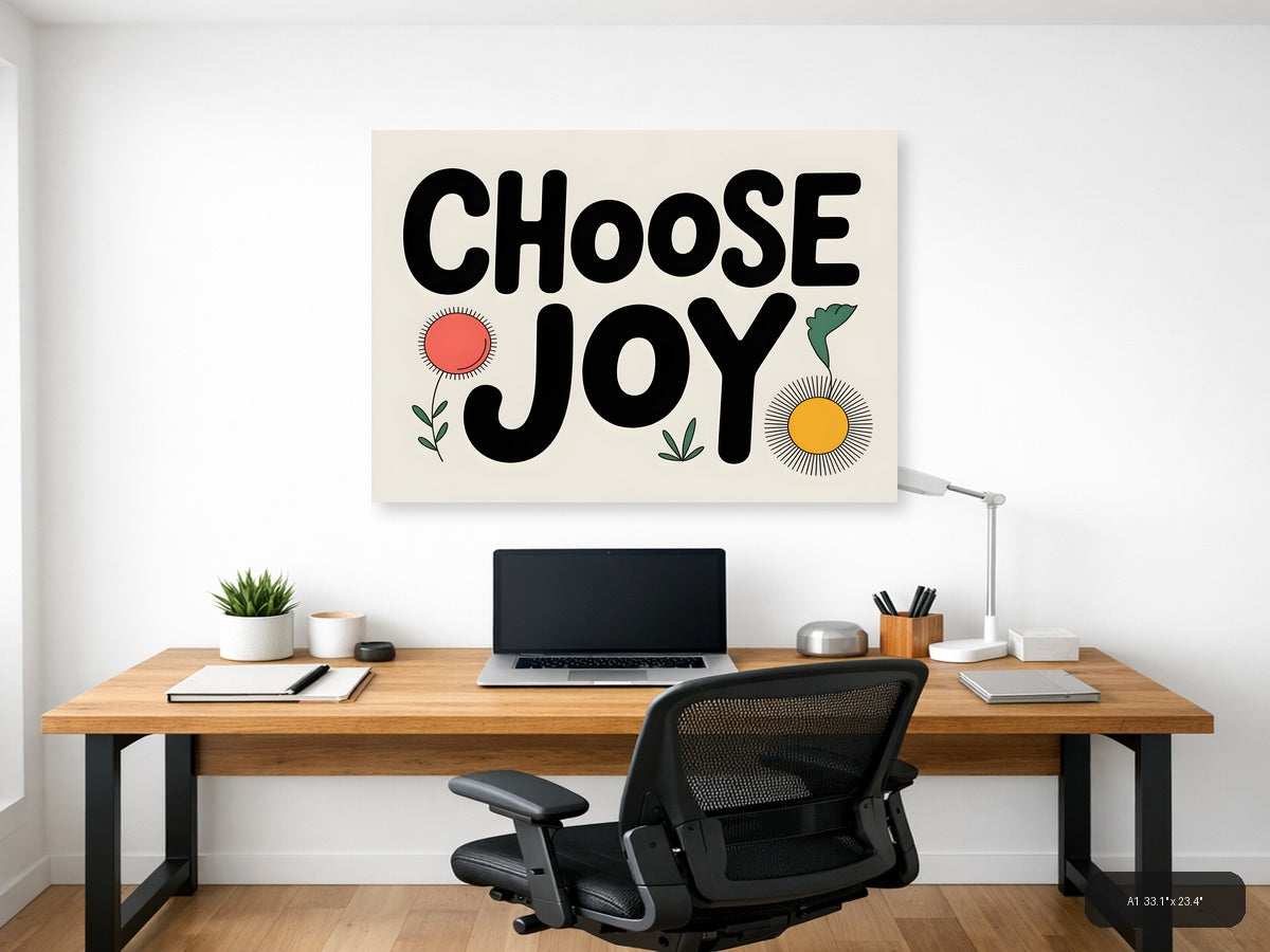 Choose Joy Line Art Print with Flowers and Sun Wall Art — A1 / Office