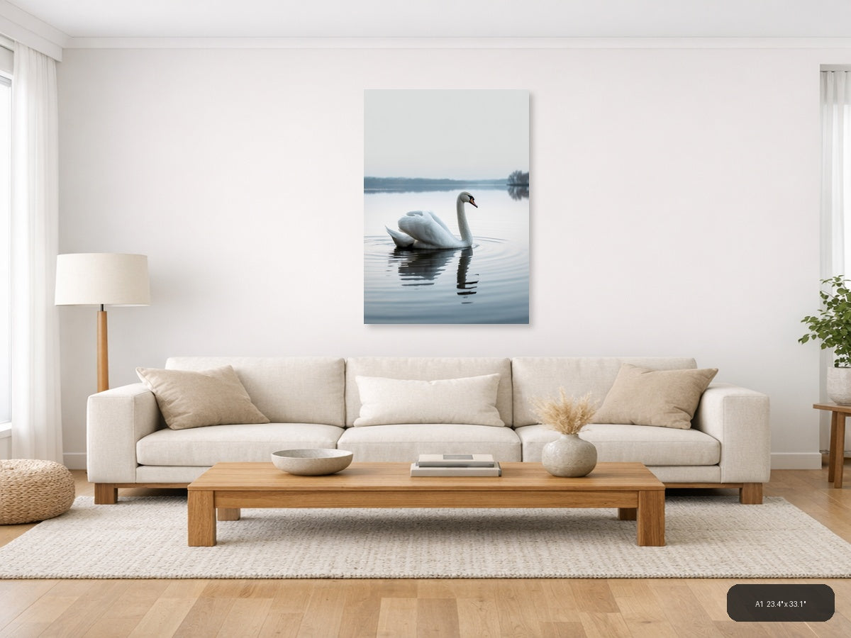 Minimalist White Swan Reflection Lake Wall Art — A1 / Living Room
