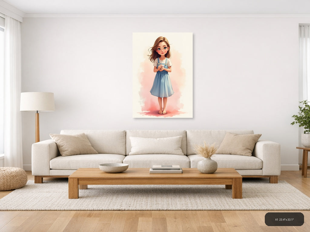 Young Girl in Blue Overalls Watercolor Portrait Wall Art — A1 / Living Room