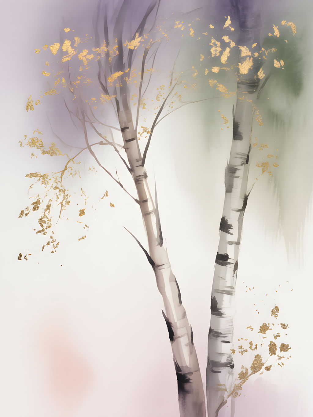 Golden Birch Trees Watercolor Portrait Wall Art