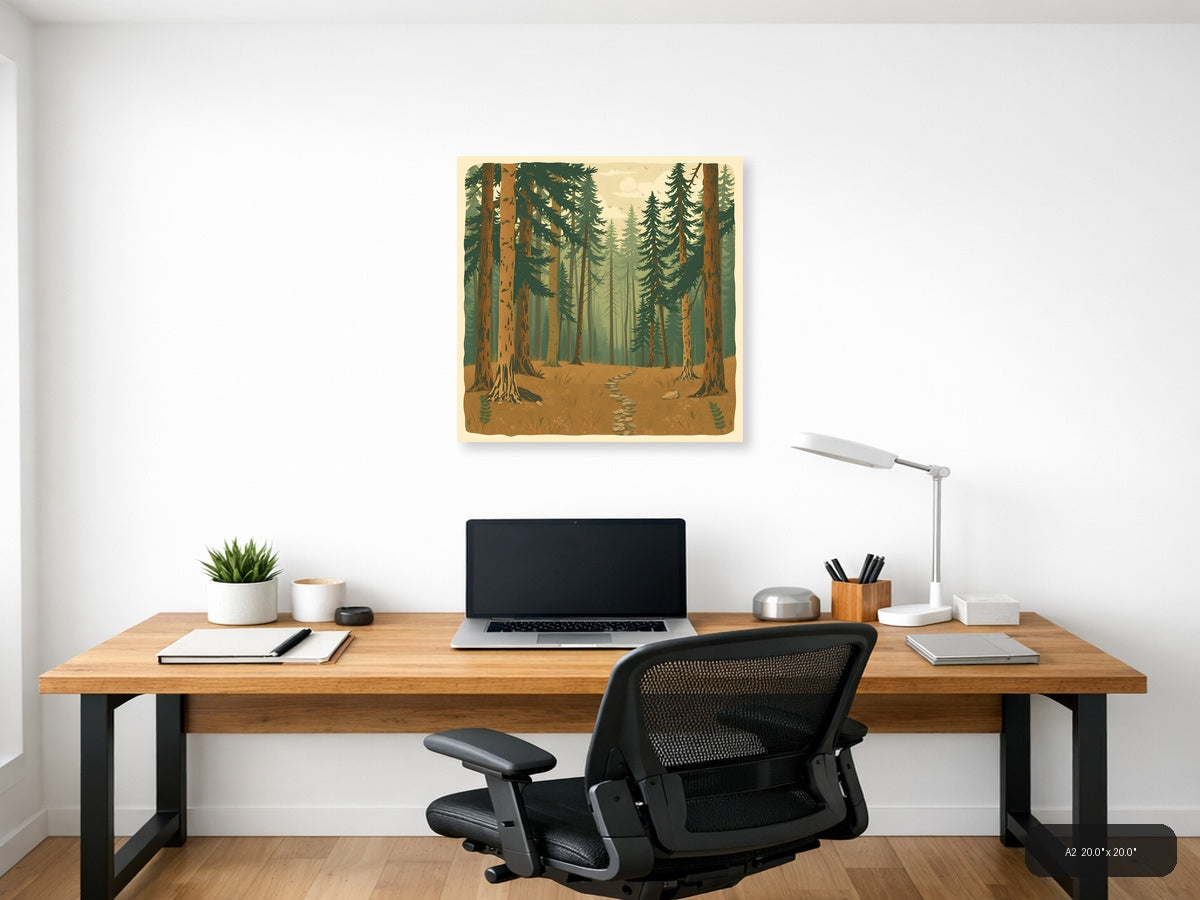 Vintage Forest Path Through Tall Pine Trees Wall Art — A2 / Office