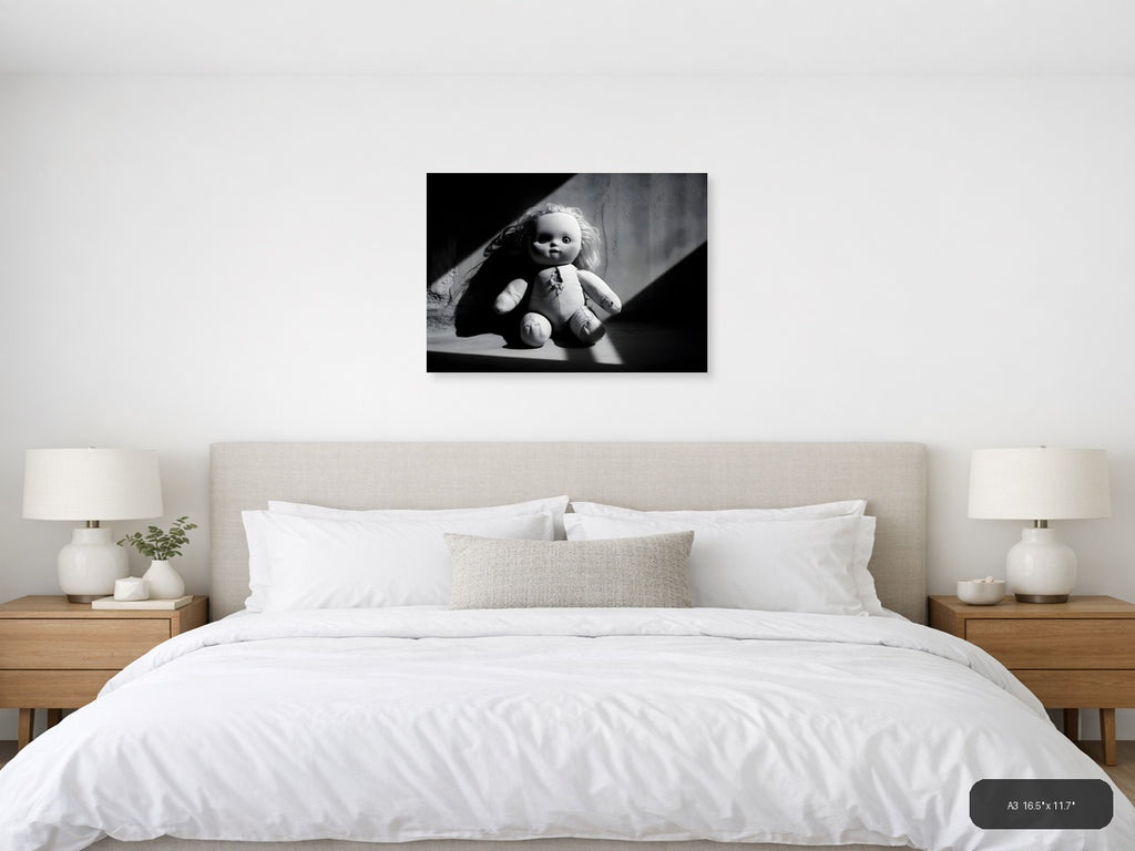 Haunting Doll Portrait Black and White Photography Wall Art — A3 / Bedroom