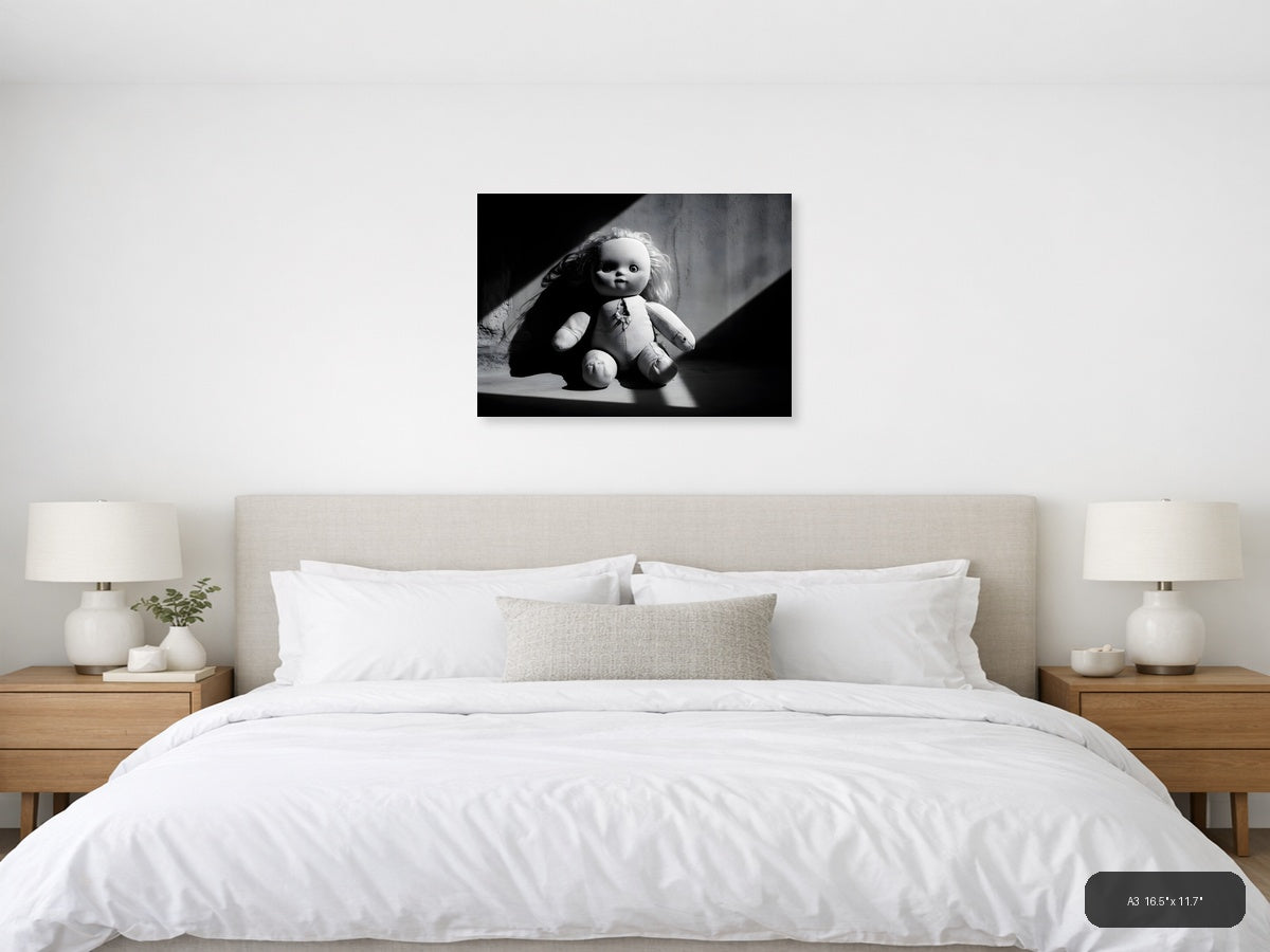 Haunting Doll Portrait Black and White Photography Wall Art — A3 / Bedroom