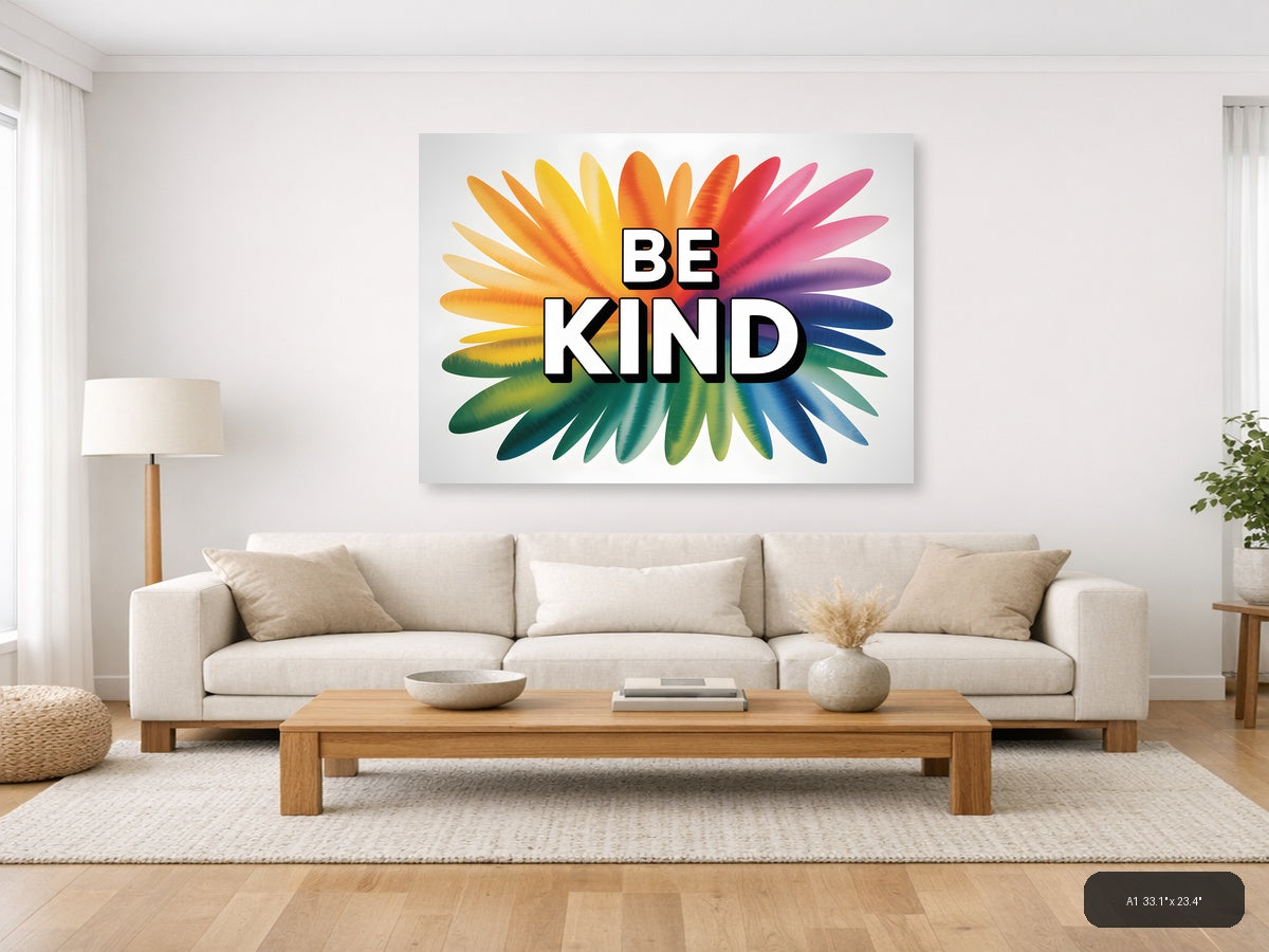 Be Kind Watercolor Rainbow Sunburst Wall Art — A1 / Living Room