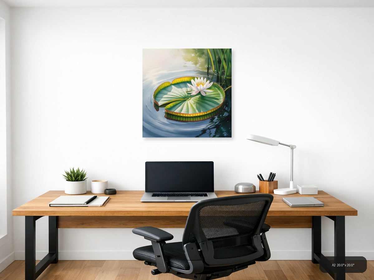 White Water Lily on Giant Leaf Watercolor Wall Art — A2 / Office