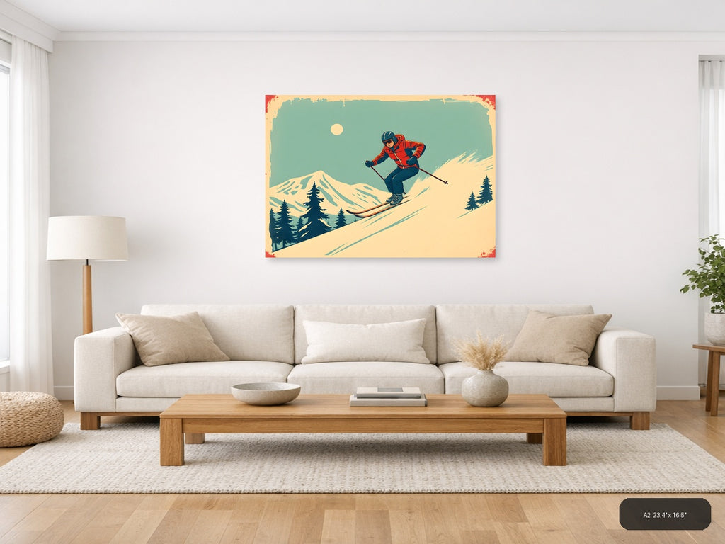 Vintage Skier on Mountain Slope Wall Art — A2 / Living Room