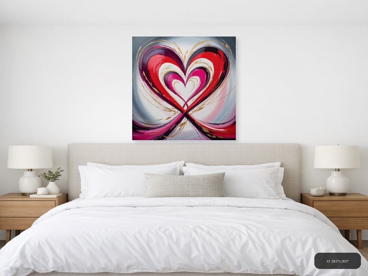 Abstract Nested Heart Swirl Red Pink Gold Wall Art — A1 / Bedroom