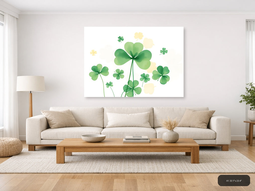 Lucky Four Leaf Clovers Watercolor Botanical Wall Art — A1 / Living Room