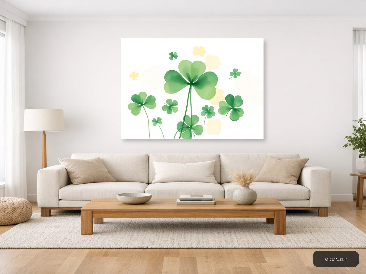 Lucky Four Leaf Clovers Watercolor Botanical Wall Art — A1 / Living Room