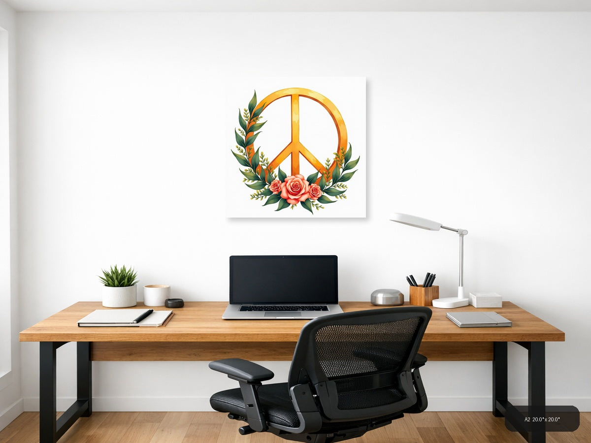 Golden Peace Sign with Roses Watercolor Wall Art — A2 / Office